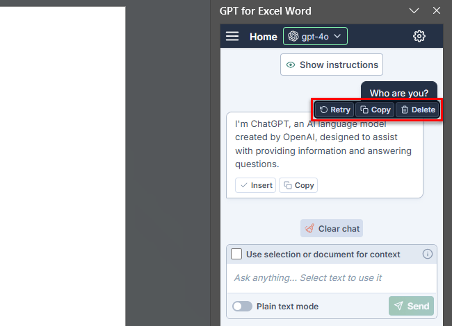 Retry, Copy and Delete buttons for chat prompts in GPT for Word