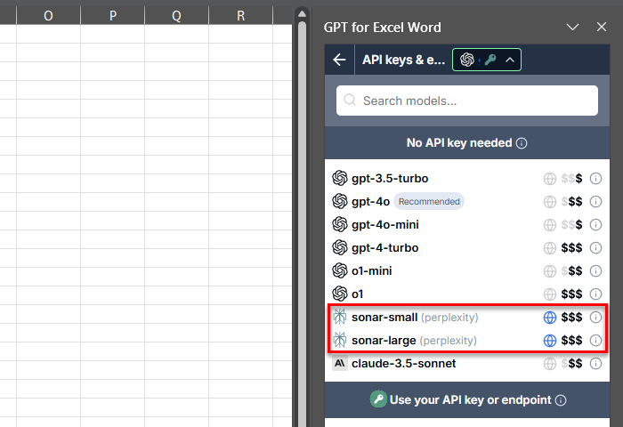 Perplexity Sonar models in GPT for Excel model switcher