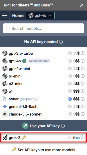 Model switcher showing xAI Grok-2 model with API key in GPT for Sheets