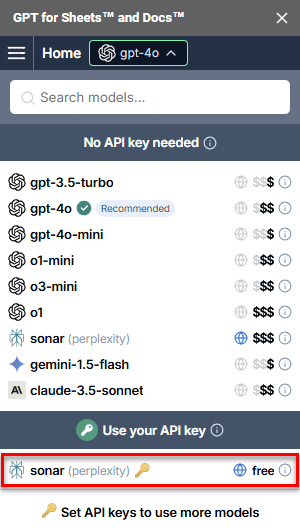 Model switcher showing Perplexity Sonar model with API key in GPT for Sheets