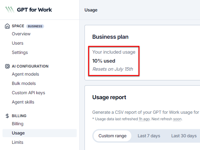 Monthly quota usage in the GPT for Work dashboard