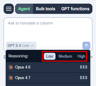 Adjusting the reasoning effort in the Agent model switcher in GPT for Excel