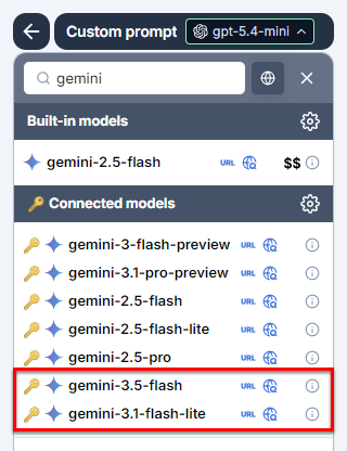 Bulk tools model switcher in GPT for Excel with Google Gemini 3.5 Flash and 3.1 Flash Lite