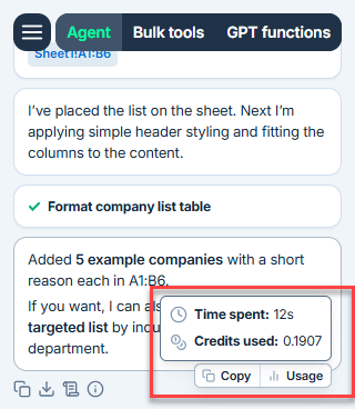 Usage statistics shown for an Agent run in GPT for Excel