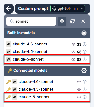 Bulk tools model switcher in GPT for Excel with Anthropic Claude Sonnet 5