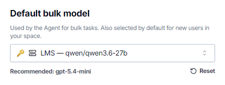 Selecting a model from a custom API endpoint as the default bulk model in the GPT for Work dashboard
