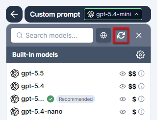 Refresh button in the bulk tools model switcher in GPT for Excel