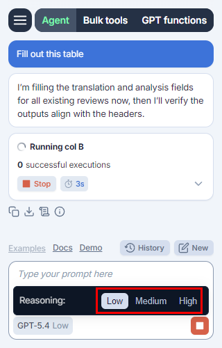 Adjusting the Agent model reasoning effort during a conversation in GPT for Excel