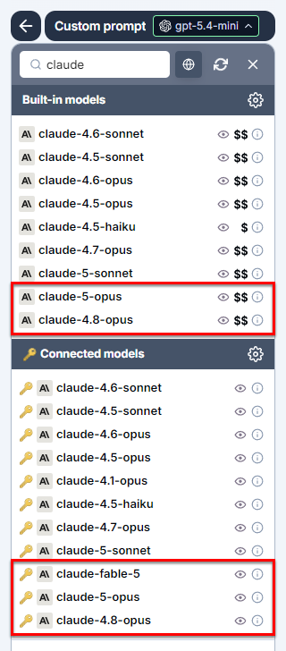 Bulk tools model switcher in GPT for Excel with Anthropic Claude Opus 5, Opus 4.8, and Fable 5