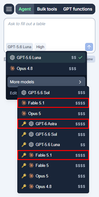 Agent model switcher in GPT for Excel with Anthropic Claude Fable 5.1 (built-in and connected) and OpenAI GPT-6 Astra (connected)