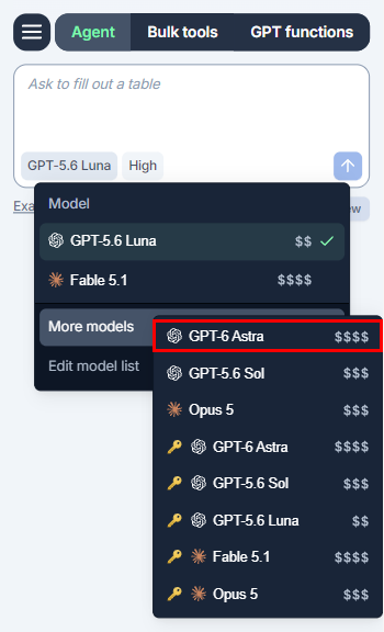 Agent model switcher in GPT for Excel with OpenAI GPT-6 Astra (built-in)