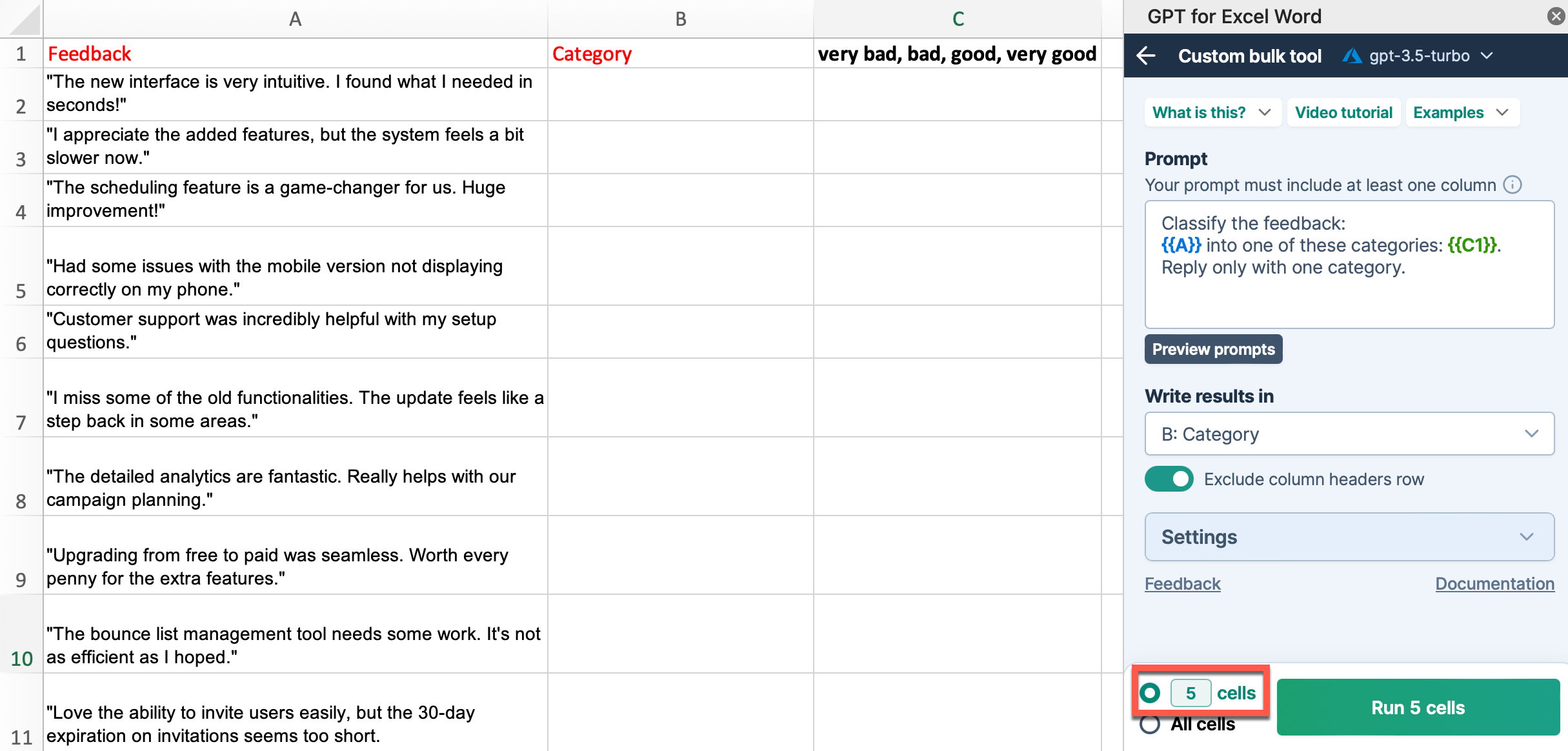 Bulk tool with specific number of cells selected