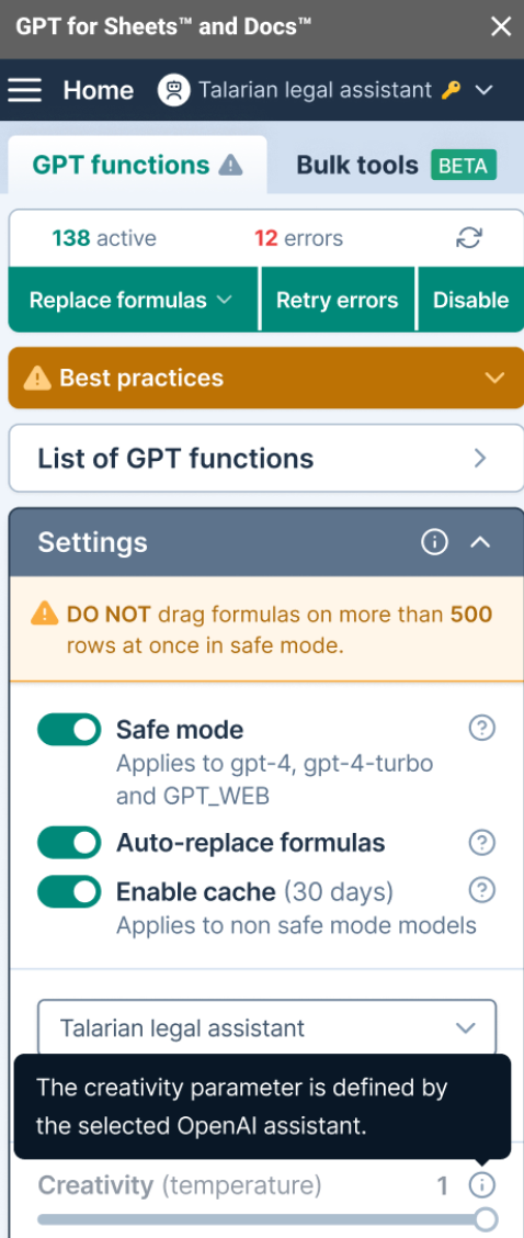 Settings disabled when OpenAI Assistant is selected