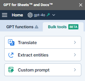 Bulk tools interface in GPT for Sheets sidebar