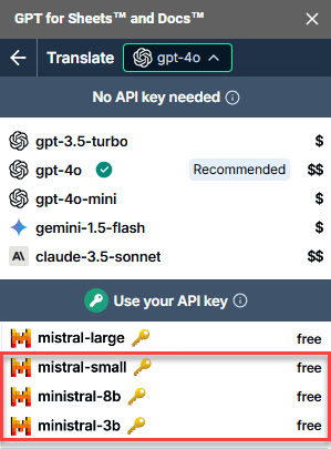 Mistral models in GPT for Sheets model switcher