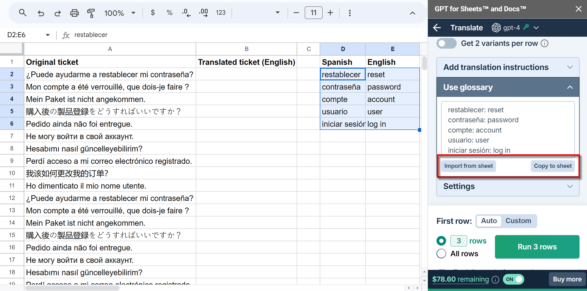 Translate bulk tool with glossary import and copy features