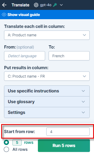 Start from row option in bulk tool settings