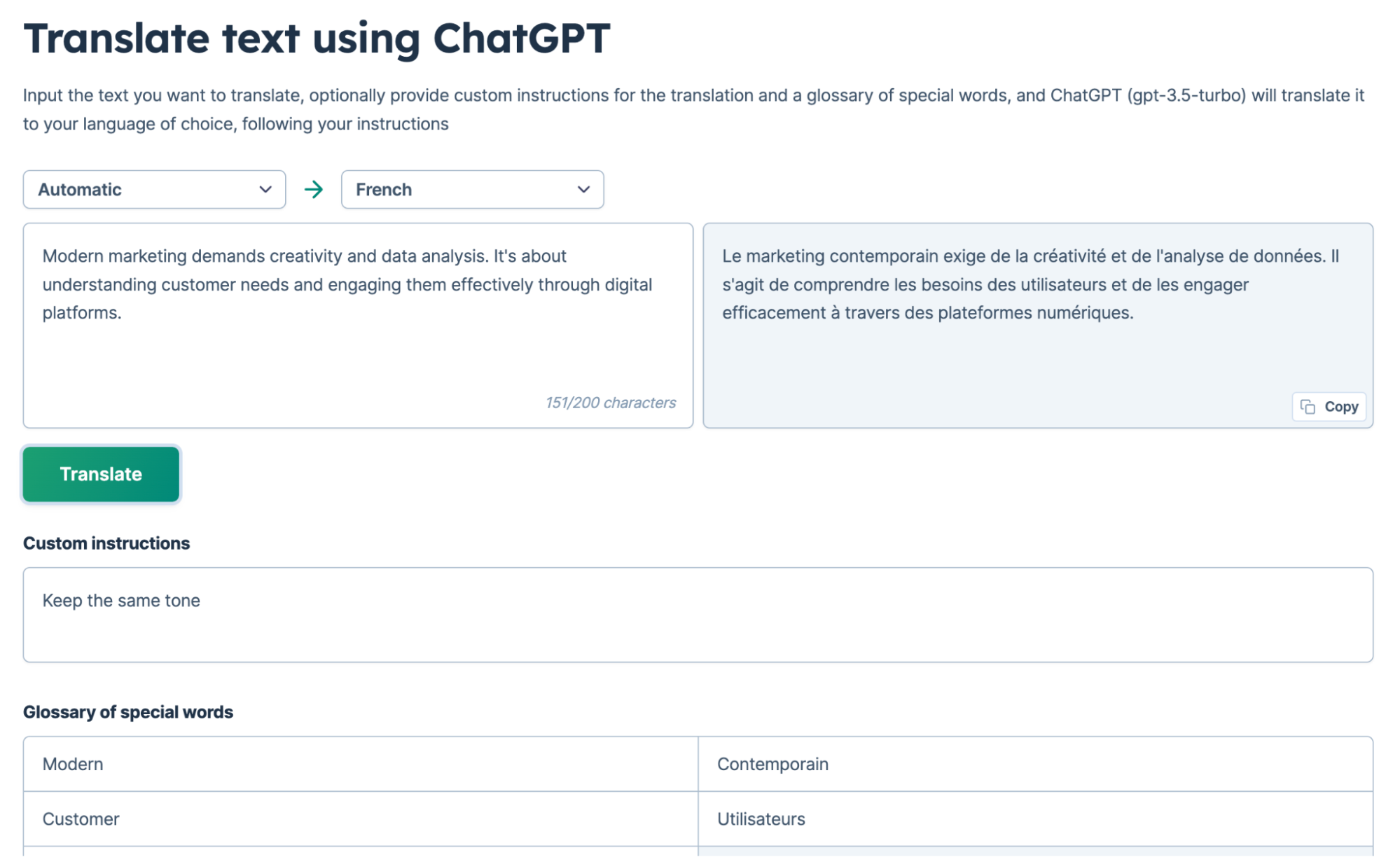 Free translation tool on GPT for Work website