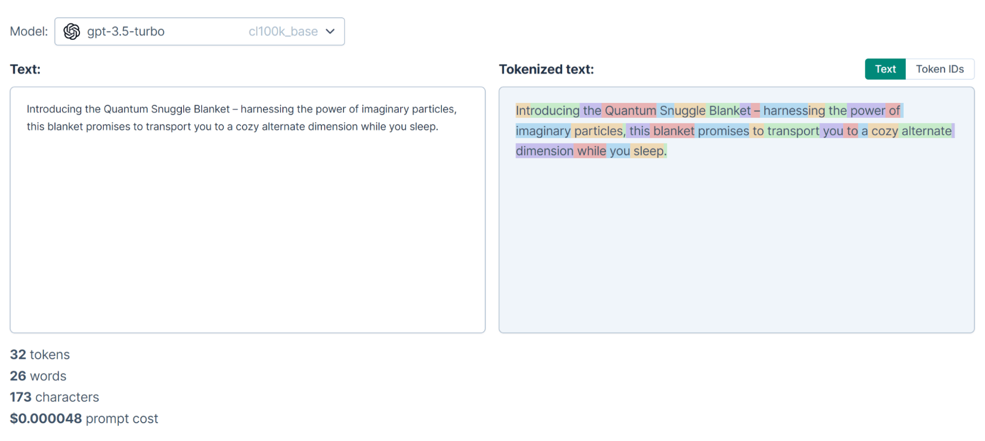 Tokenizer tool showing text split into tokens