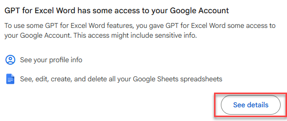 Google Account permissions page with See details button highlighted