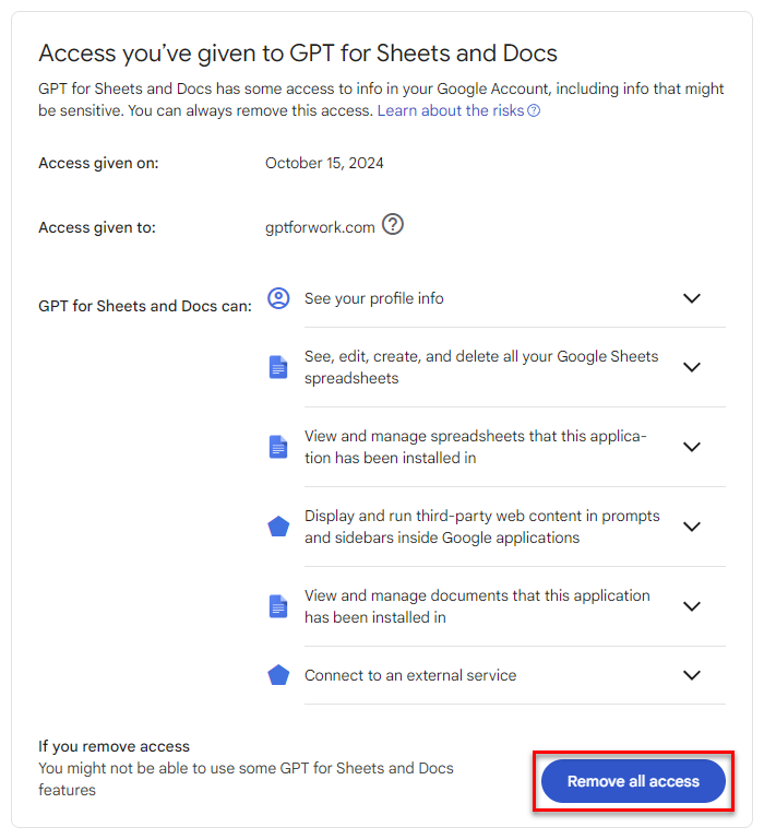Access details page with Remove all access button highlighted