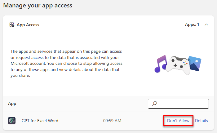 App access management page with Don't Allow button for GPT for Excel Word