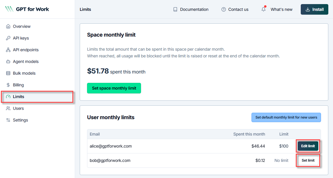 Set the monthly limit for current users