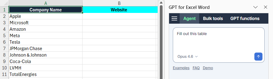 Agent in the GPT for Excel sidebar
