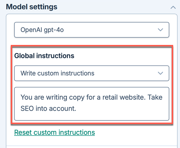 Set instructions in the Model settings