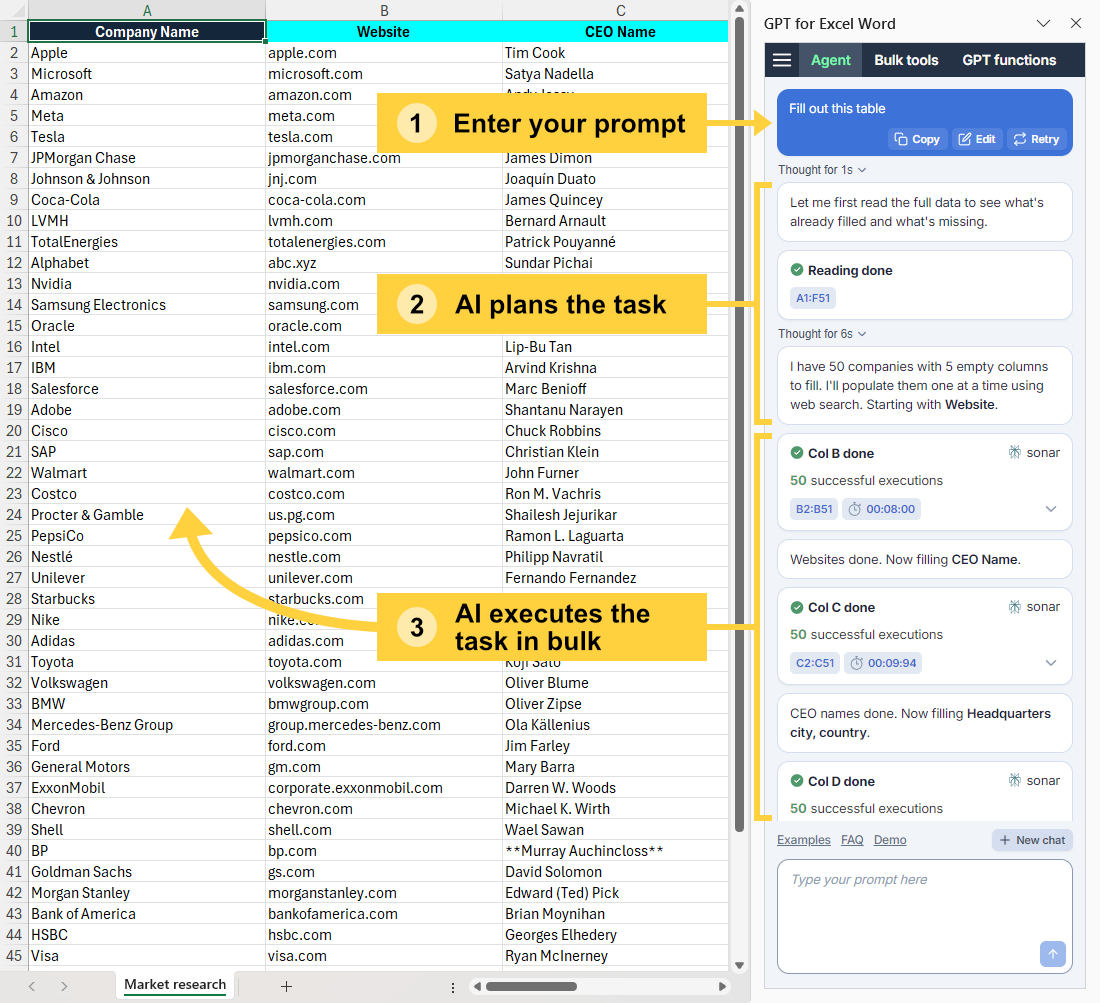 GPT for Excel Agent running a bulk task