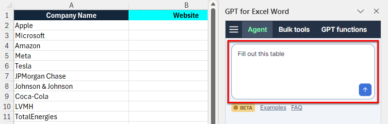 Sheet with example data and a prompt for the Agent