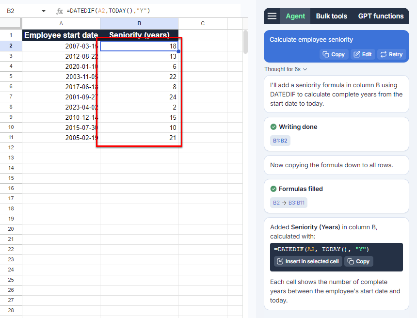 Use the Agent to generate and autofill formulas
