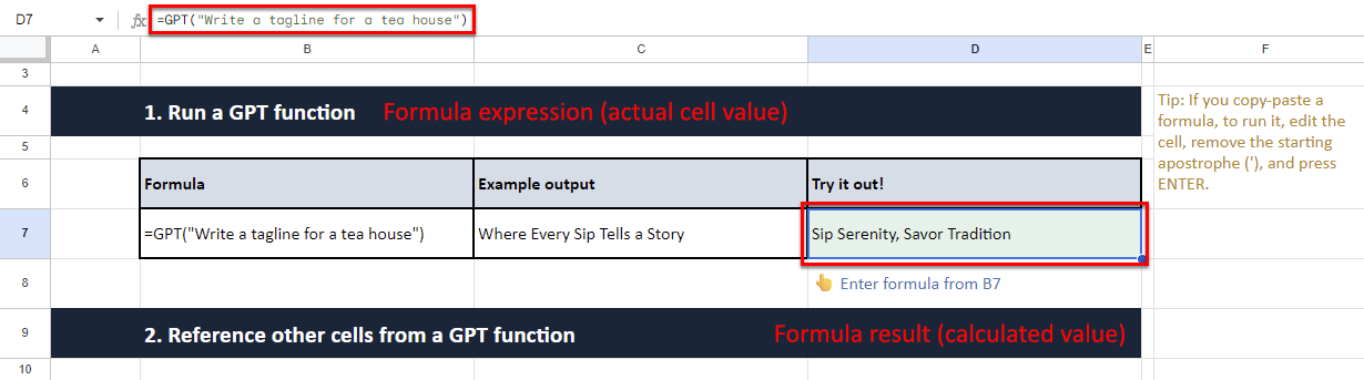 Calculated value and actual value of a GPT formula cell