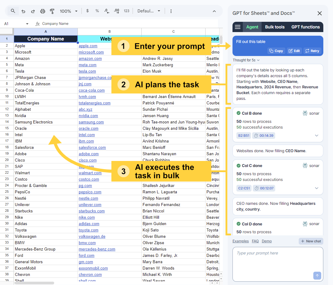 GPT for Sheets Agent running a bulk task