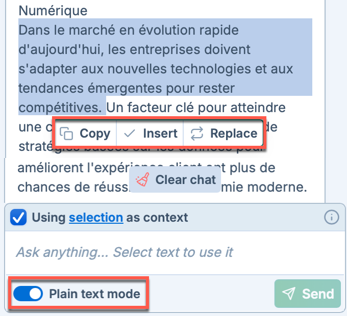 Select part of the AI response to replace the selected text