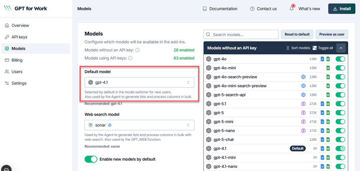 Default model in GPT for Sheets and Excel