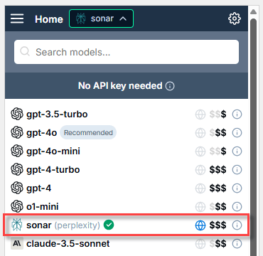 Perplexity Sonar model in GPT for Word model switcher