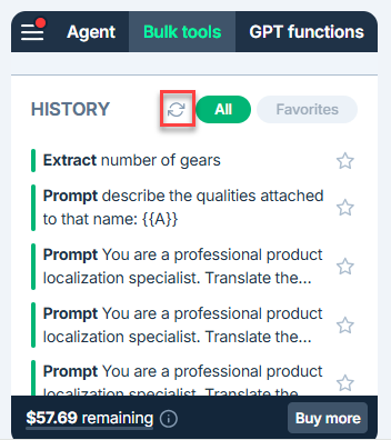 Refresh bulk tool history with one click in GPT for Sheets and Excel