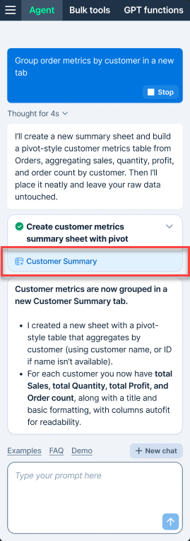 Direct link to new sheet in sidebar chat in GPT for Excel