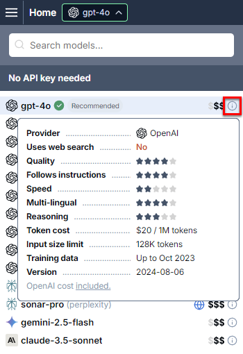 Model tooltip in the model switcher